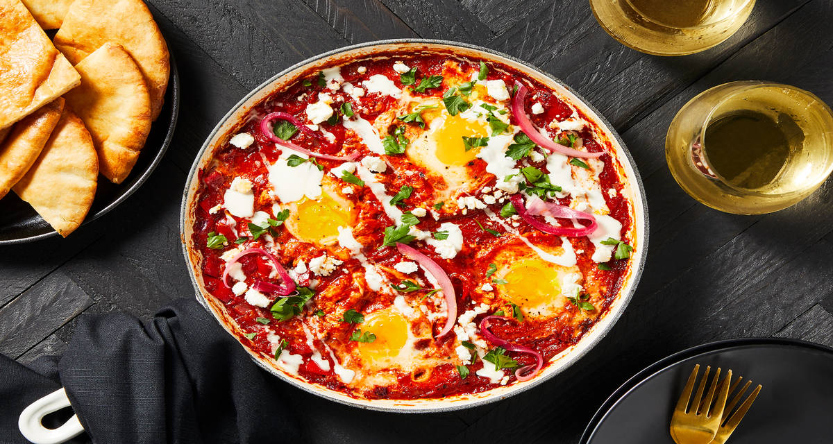 Tomato Shakshuka with Feta with Creamy Garlic Sauce, Pickled Onion & Buttery Pita