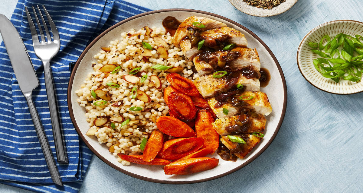 Cherry Balsamic Chicken with Almond Couscous & Roasted Broccoli
