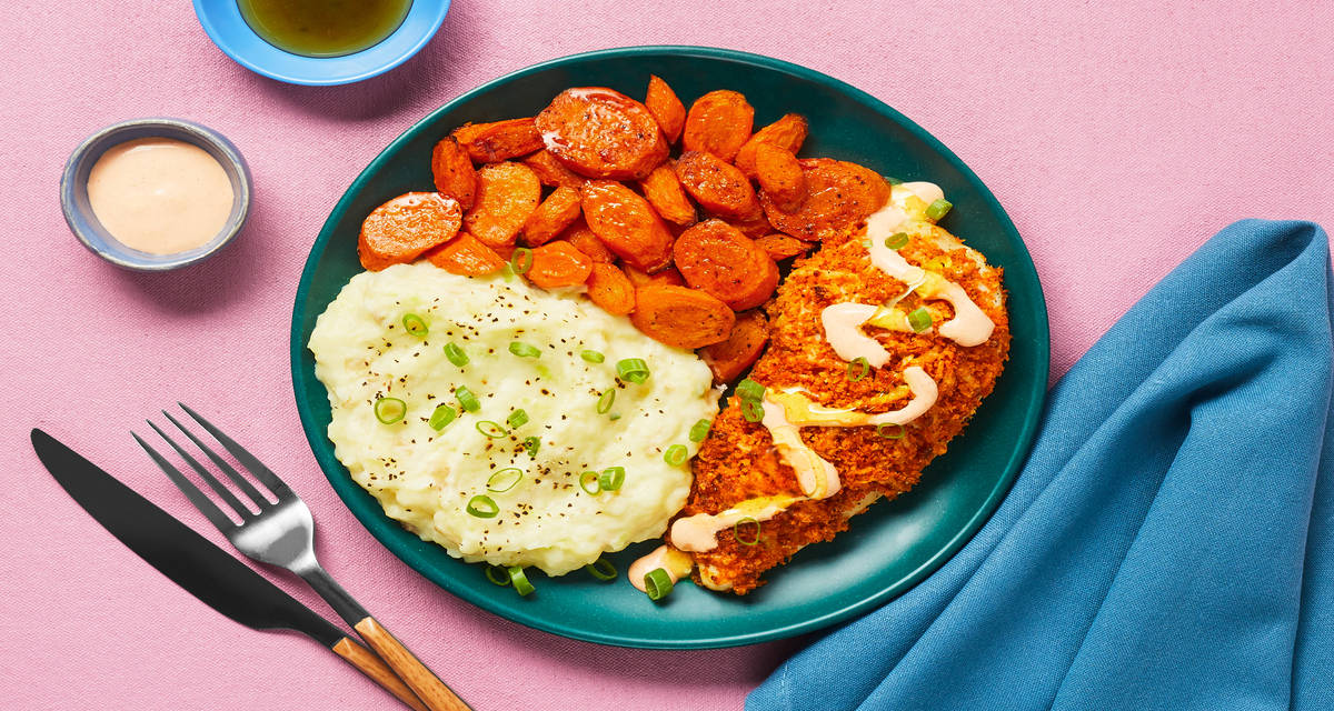 Crispy Kickin’ Cayenne Chicken Cutlets with Mashed Potatoes, Carrots & a Honey Drizzle