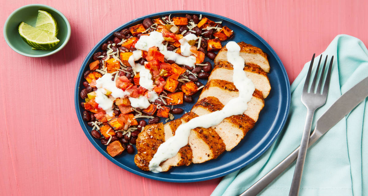 Butter-Basted Southwestern Bavette Steak with Cheesy Sweet Potato Jumble, Pico de Gallo & Lime Crema