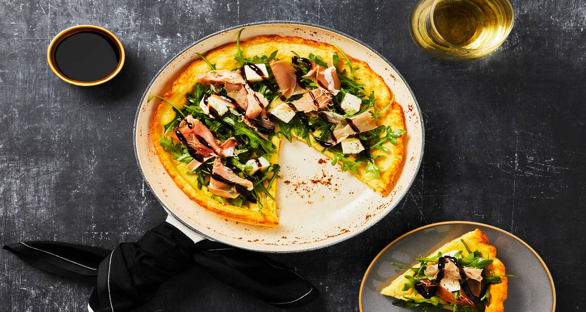Savory Dutch Baby with Prosciutto, Mozzarella & Arugula