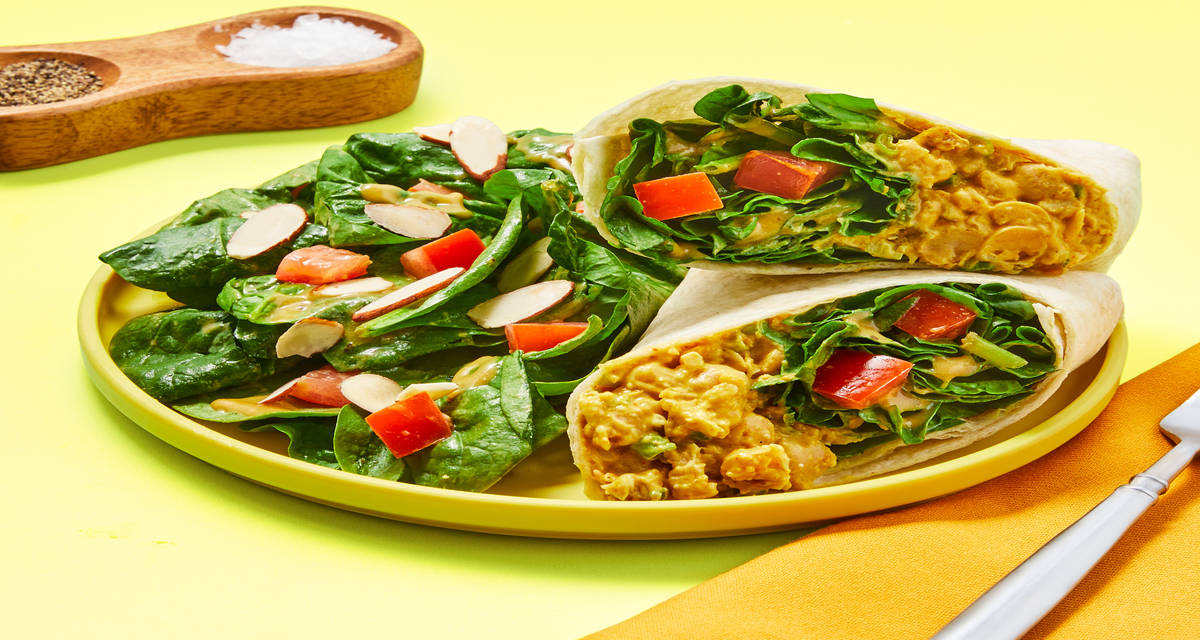 Chicken & Curry-Spiced Chickpea Wraps with Golden Raisins & Spinach Almond Salad