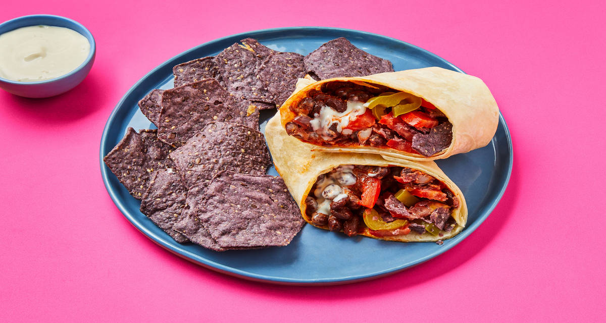 One-Pan Vegan Tex-Mex Black Bean Wraps with Pickled Pepper, Tortilla Chips & Vegan Lime Mayo