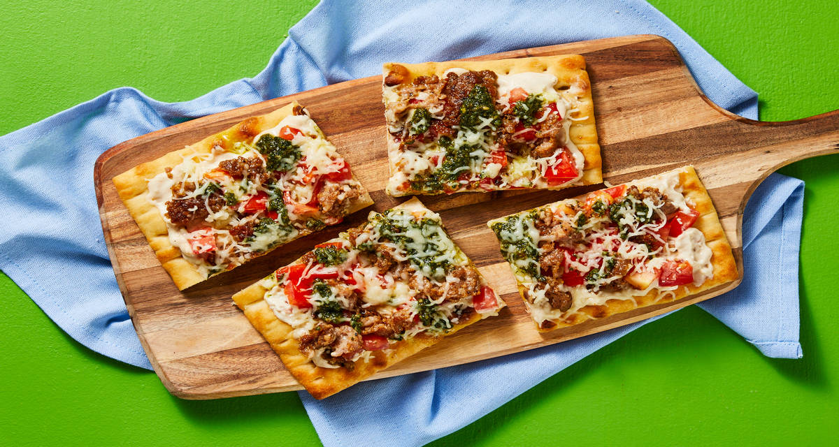 Chicken Pesto Flatbreads with Roma Tomatoes & Mozz