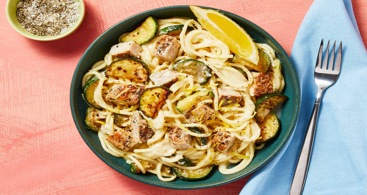Alfredo-Style Spaghetti with Herbed Salmon plus Zucchini & Lemon