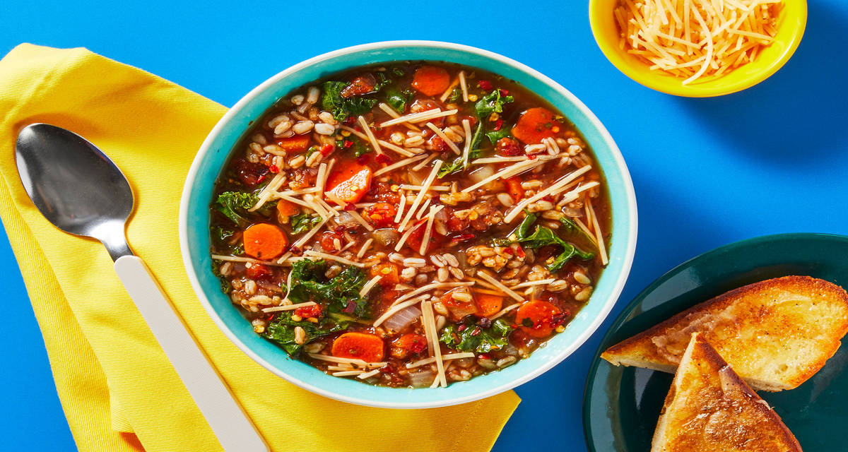 Vegetable & Chicken Sausage Soup with Kale, Farro & Garlic Bread