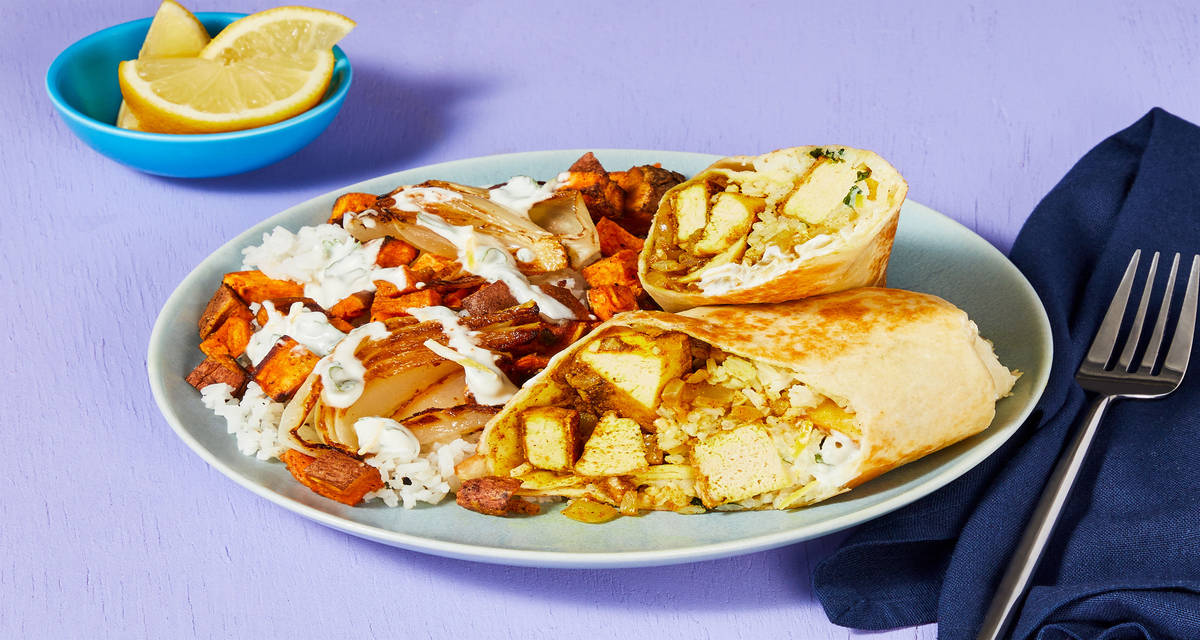 Warm Curried Tofu & Rice Wraps with Creamy Cilantro Sauce & Sweet Potato–Onion Jumble