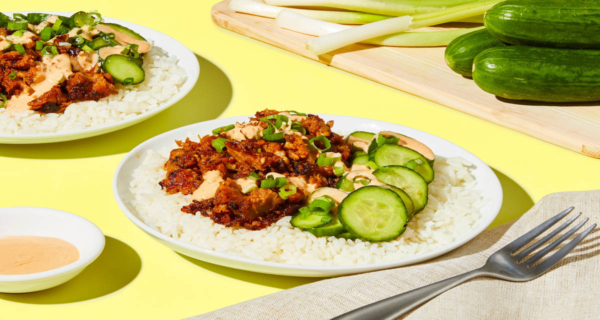 Pulled Pork & Crunchy Cuke Bowls over Rice with Sriracha Mayo & Scallions