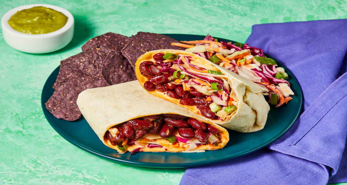 Vegan One-Pan BBQ Bean & Coleslaw Wraps with Tortilla Chips & Guac