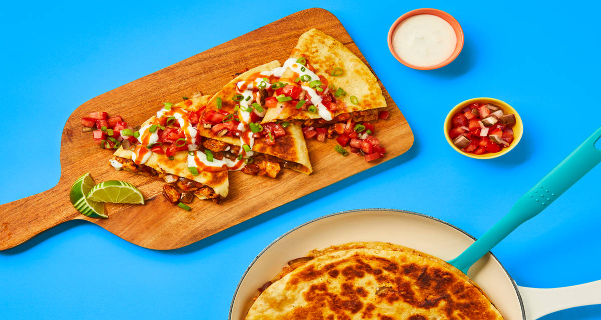 One-Pan Baja Chicken Quesadillas with Chicken Thighs, Salsa Fresca, Lime Crema & Hot Sauce