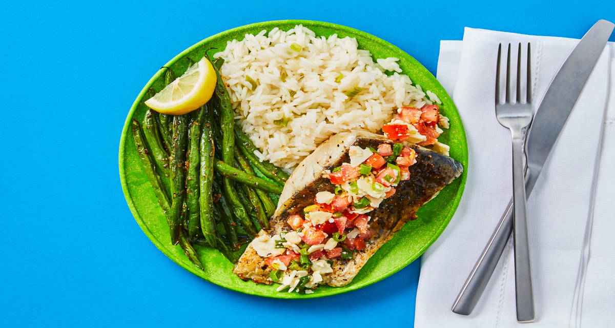 Buttery Barramundi with Tomato-Feta Salad plus Scallion Rice & Garlic Roasted Green Beans