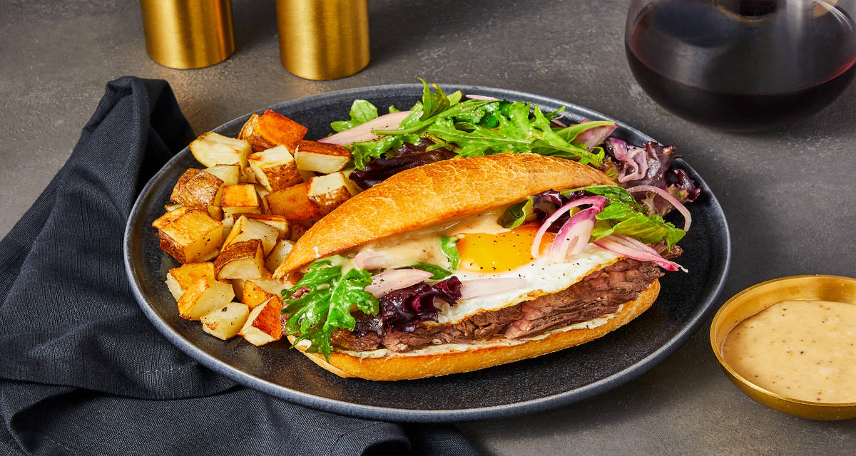 Bistro Steak & Egg Baguettes with Crispy Potatoes, Pickled Shallot Green Salad & Roasted Garlic Aioli