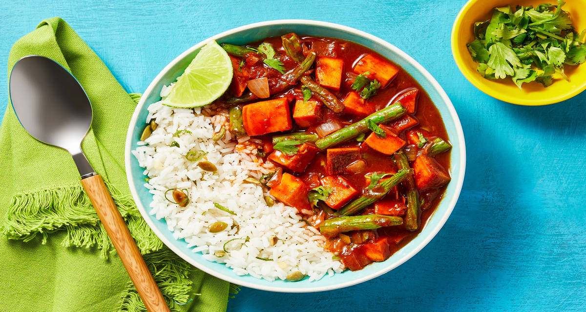 Vegan Tex-Mex Sweet Potato Stew with Green Beans, Lime Pepita Rice & Cilantro