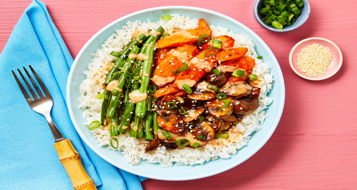 Vegan Firecracker Mushroom Rice Bowls with Roasted Veggies, Scallions & Sesame Seeds