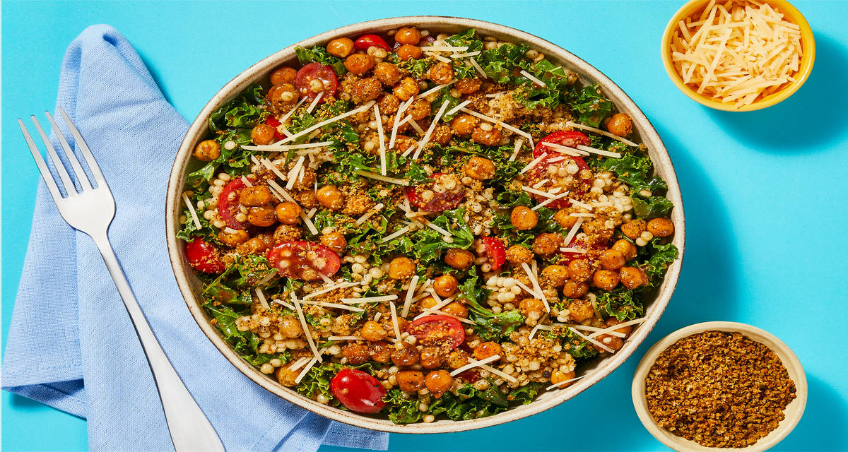 Italian Kale, Chickpea & Couscous Salad with Balsamic Vinaigrette, Herby Panko & Parmesan