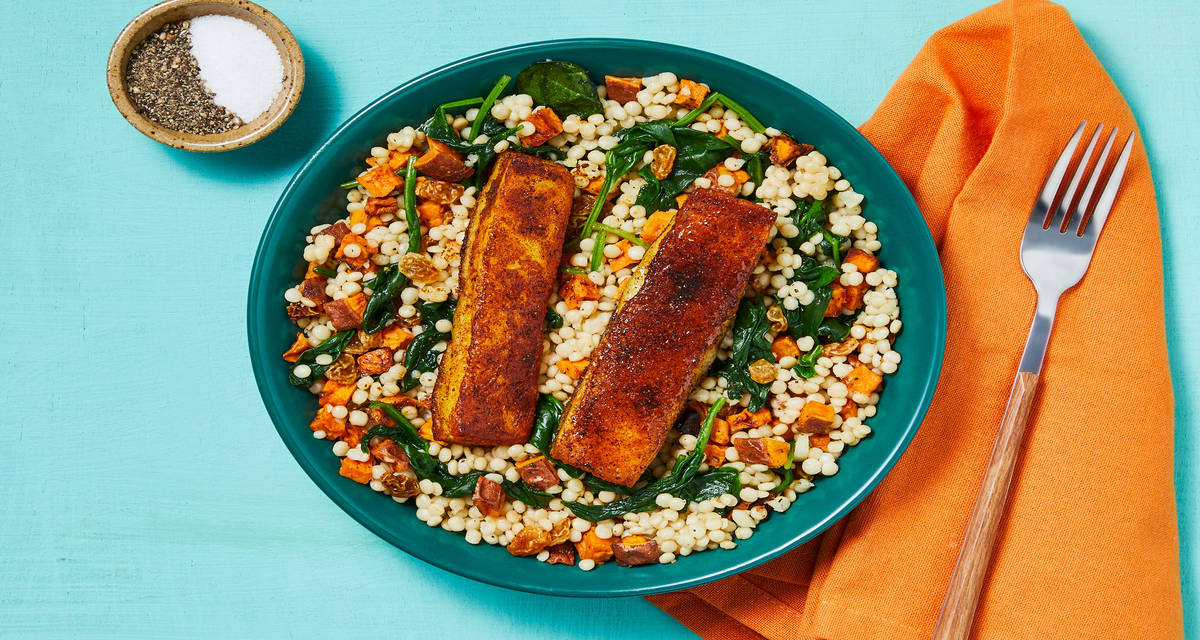 Tunisian-Spiced Grilling Cheese Bowls with Couscous, Roasted Sweet Potato & Wilted Spinach