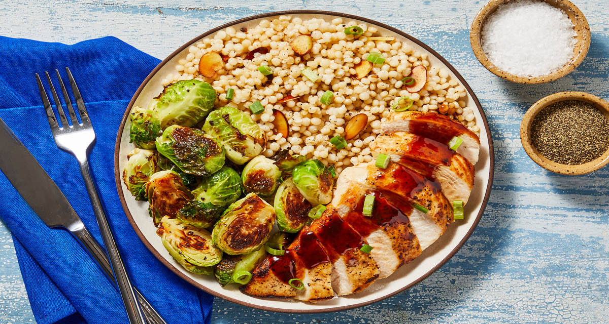 Cherry Balsamic Chicken with Almond Couscous & Roasted Brussels Sprouts