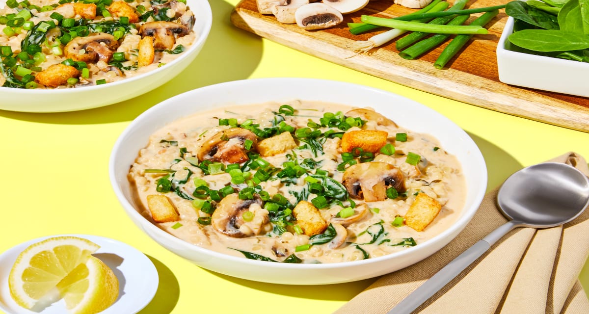 Creamy Mushroom Chowder with Couscous with Spinach, Croutons & Lemon-image