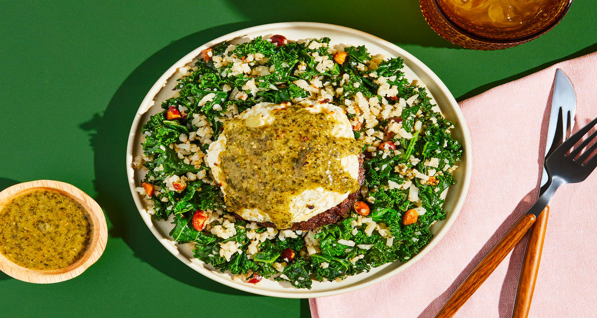 Cheesy Artichoke Beef Patties cauliflower “rice” with kale, almonds, sunflower basil sauce