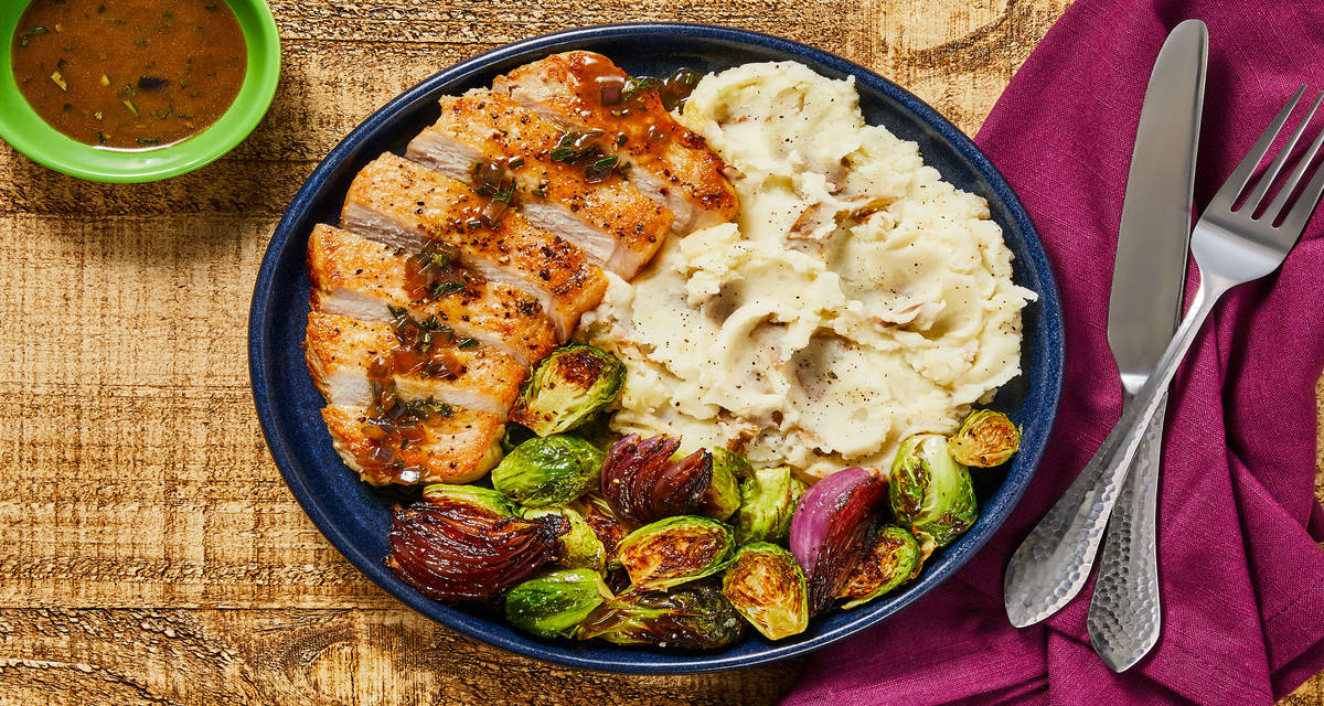 Rosemary Pork Chops with Mashed Potatoes, Brussel Sprouts & Pan Sauce