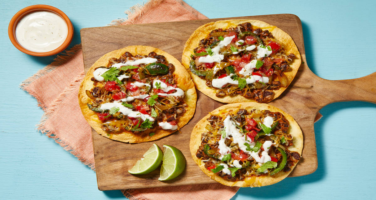 Smashed Black Bean & Turkey Tostadas with Green Pepper, Pico de Gallo & Lime Crema