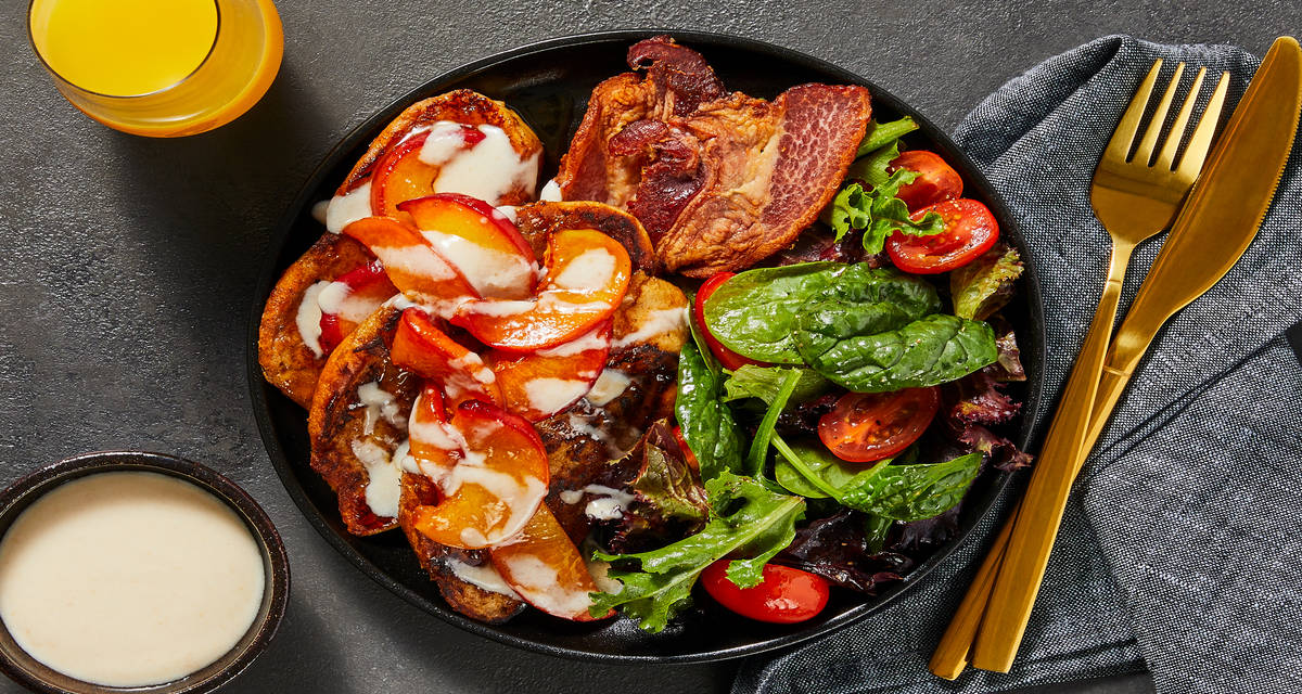 Peaches & Cream French Toast with Bacon & Mixed Green Salad