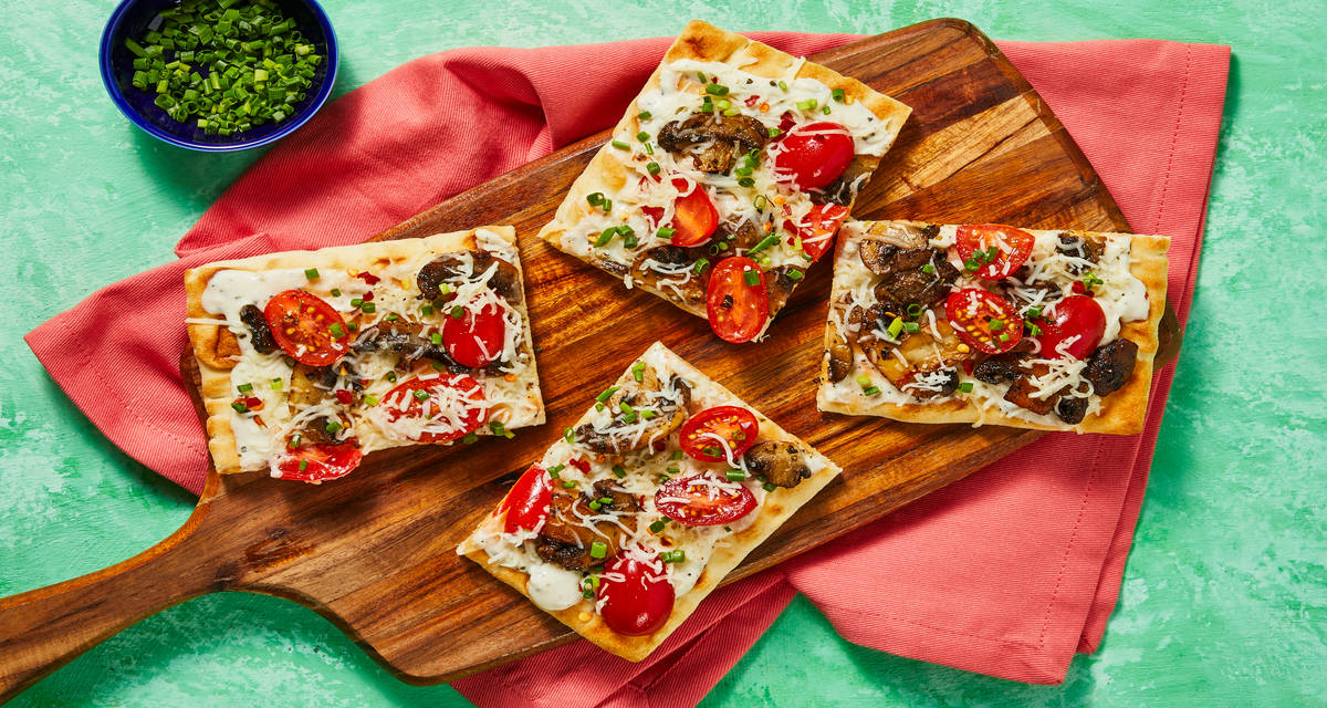 Roasted Garlic & Mushroom Flatbreads with White Sauce, Mozzarella & Grape Tomatoes
