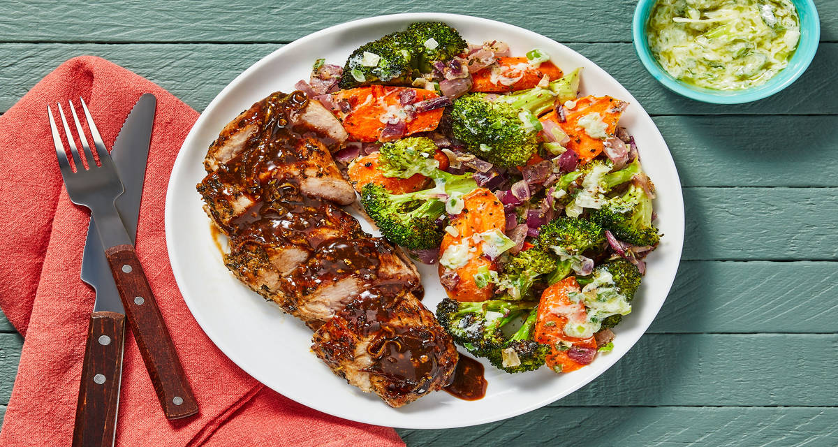 Balsamic-Glazed Chicken with Roasted Veggie Jumble & Herby Yogurt Sauce
