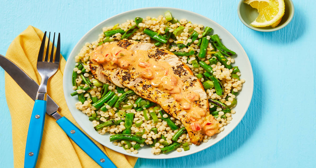 Chicken Thyme with Green Bean Couscous plus Tomato Cream Sauce & Lemon