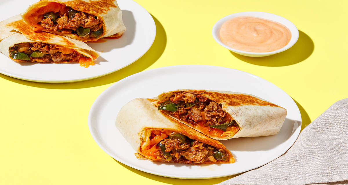 Spicy Pulled Pork & Green Pepper Wraps with Cheddar & Spicy Yogurt Sauce