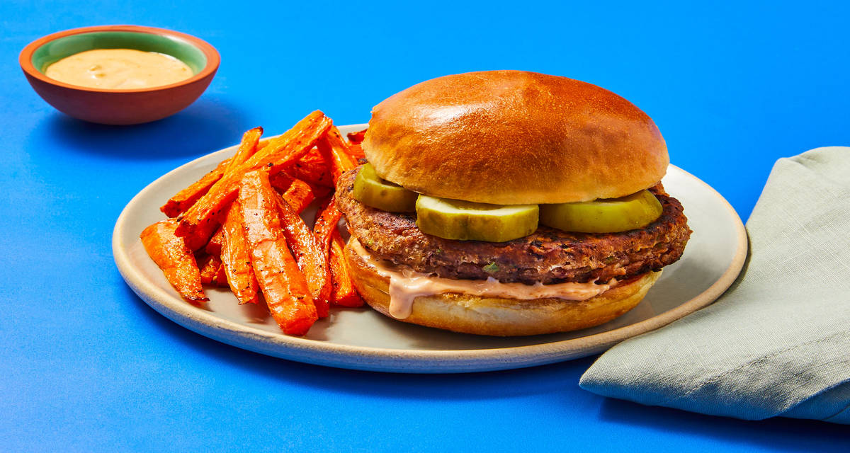 Crispy Cajun Red Bean Burgers with Carrot Fries & Secret Sauce