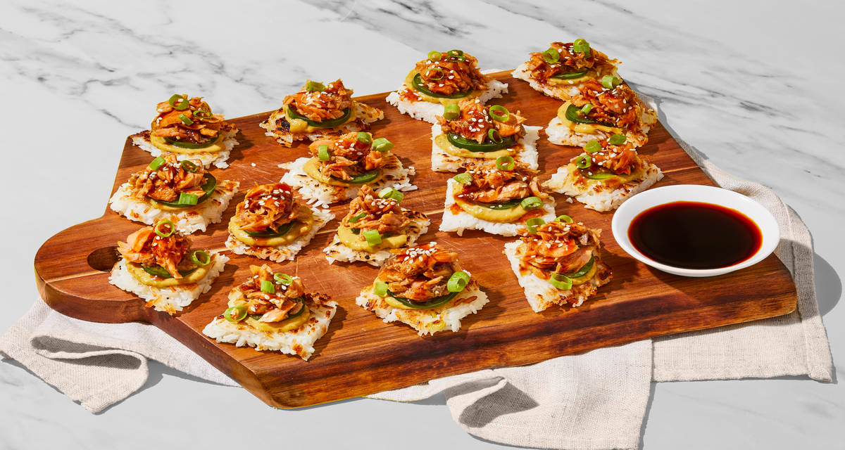 Crispy Rice & Spicy Salmon Bites with Creamy Sriracha Guac & Sweet Soy Glaze | 4 servings
