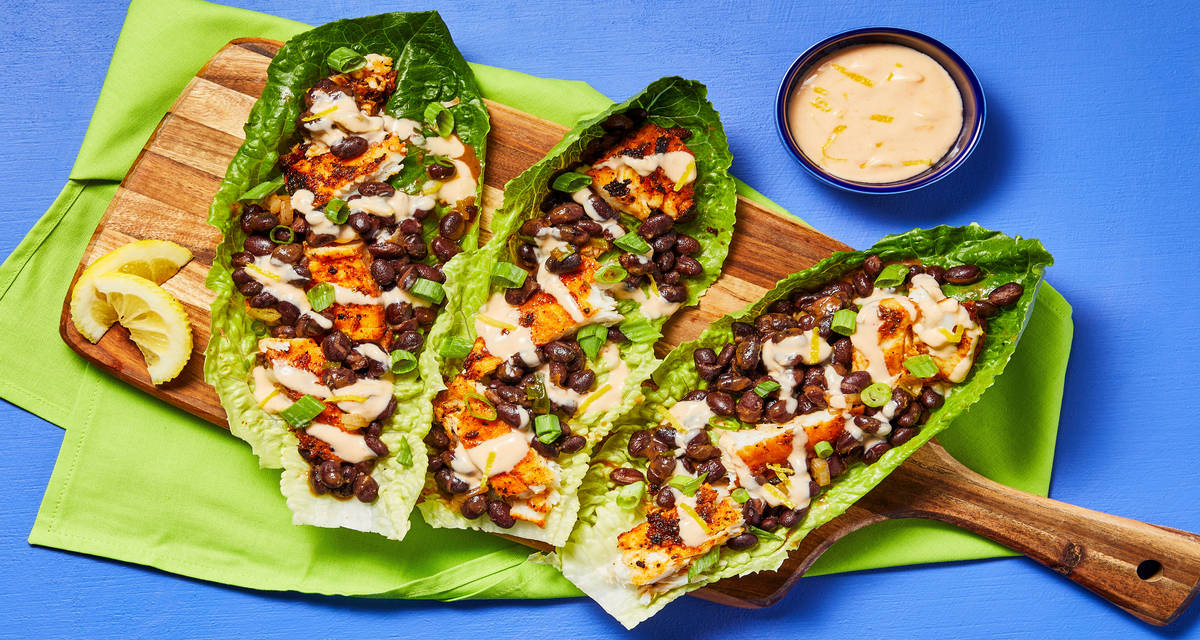 Cajun Blackened Tilapia Lettuce Wraps with Black Beans, Scallions & Lemony Chili Crema