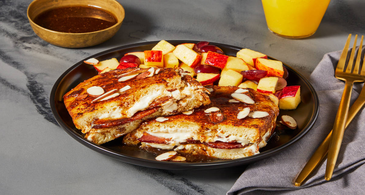 Brown Sugar & Bacon Stuffed French Toast with Cinnamon Maple Syrup & Fruit Salad