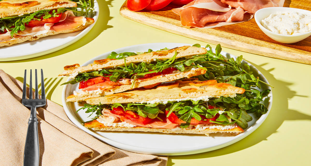 Primo Prosciutto Sandwiches with Ricotta, Tomato & Balsamic Arugula Salad