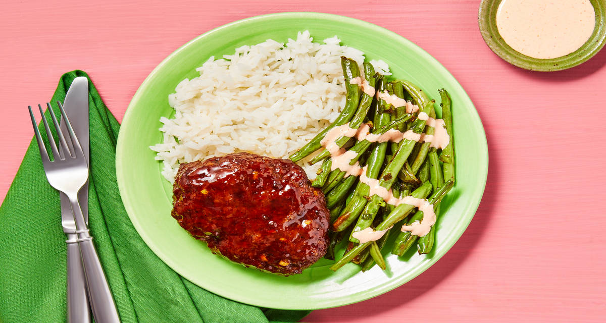Hoisin Meatloaves with Sweet Soy Glaze with Scallion Green Beans, Rice & Sriracha Mayo