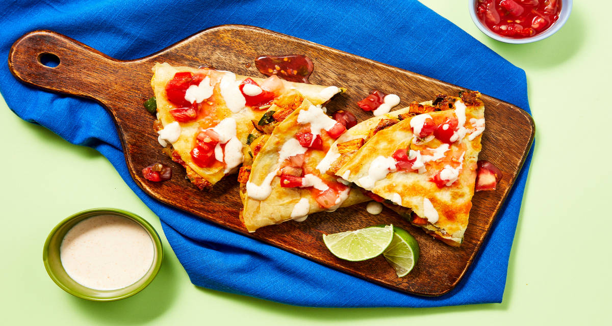 Chicken & Sweet Potato Quesadillas with Green Pepper, Southwest Crema & Pico de Gallo
