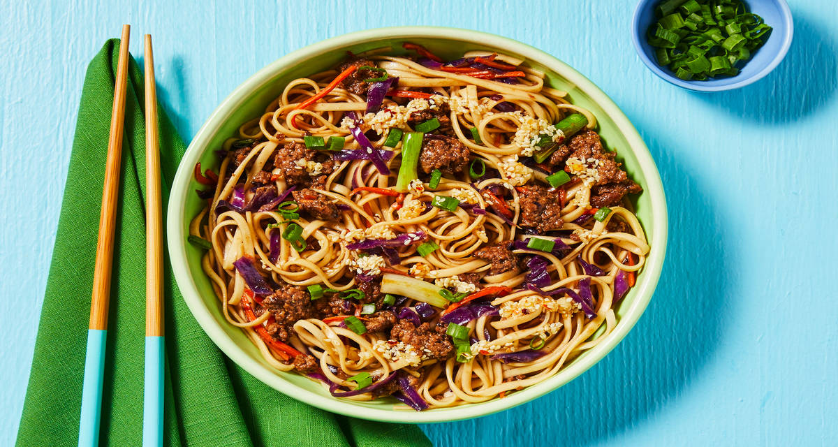 Super-Speedy Beef Lo Mein with Garlic Chili Oil & Sesame Seeds