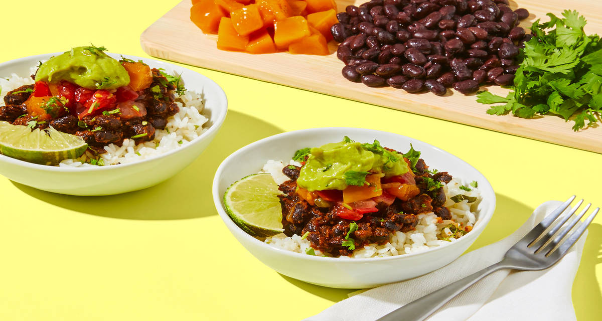Beachside Black Bean & Mango-Salsa Bowls plus Guacamole, Cilantro & Hot Sauce