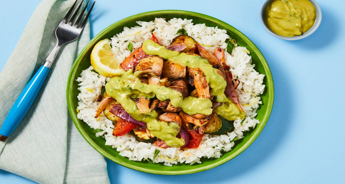 Vegan Cali-Style Zucchini & ’Shroom Bowls with Lemon Herb Rice & Creamy Avocado Sauce