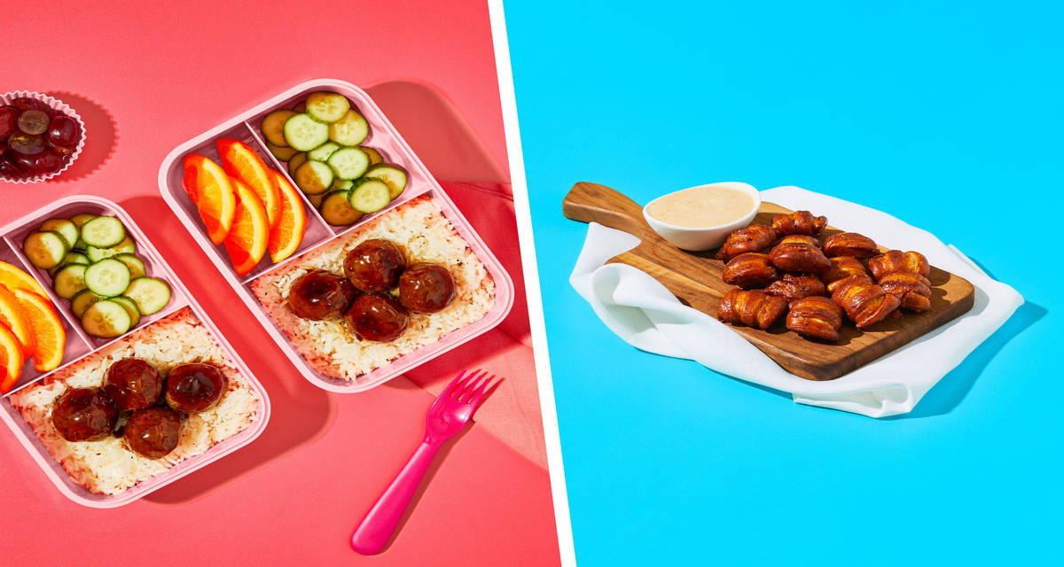 Kid’s Sweet Soy Meatballs & Buttery Rice + Snack: Cinnamon-Sugar Pretzel Bites with Peachy Yogurt Dipper