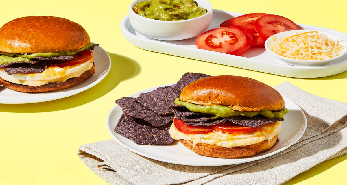 Cheesy Egg & Guacamole Breakfast Sandwiches  with Spicy Mayo & Tortilla Chips