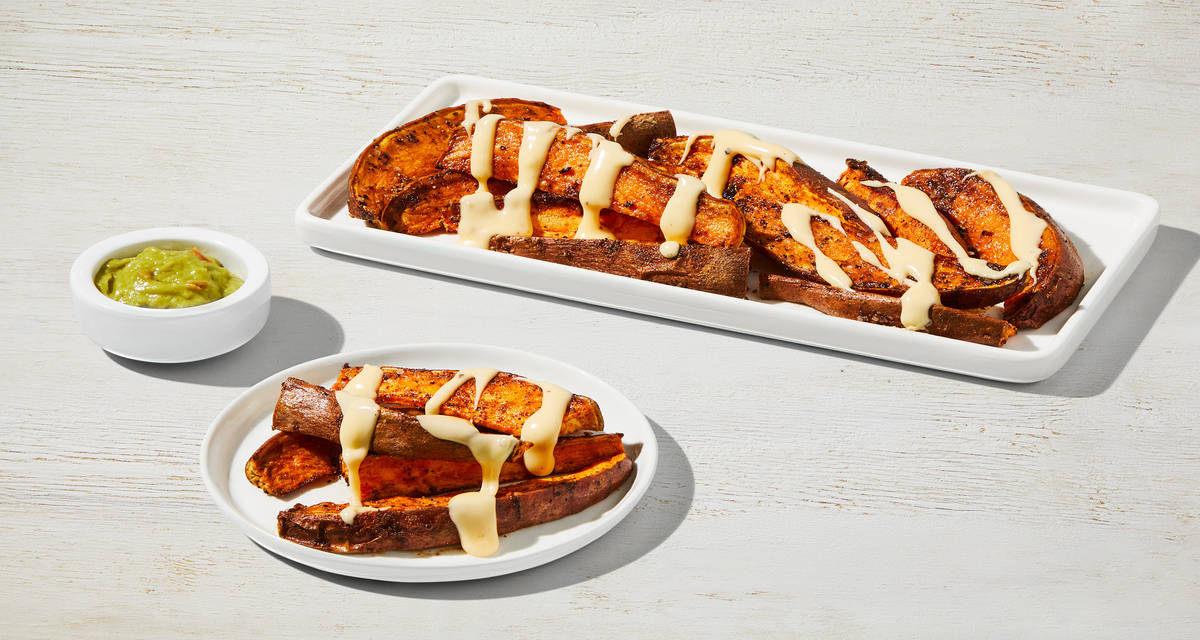 Cheesy Sweet Potato Nachos Drizzle & dip! | 3-4 Servings
