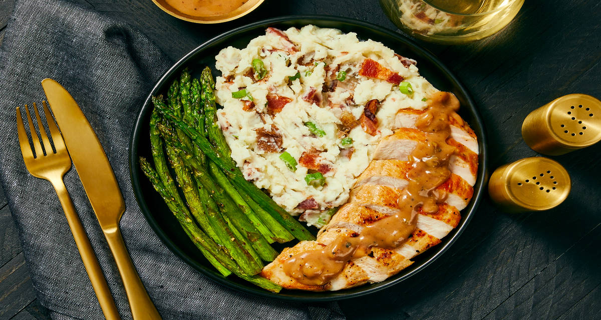 Chicken with Cherry Pan Sauce with Loaded Mashed Potatoes & Roasted Asparagus