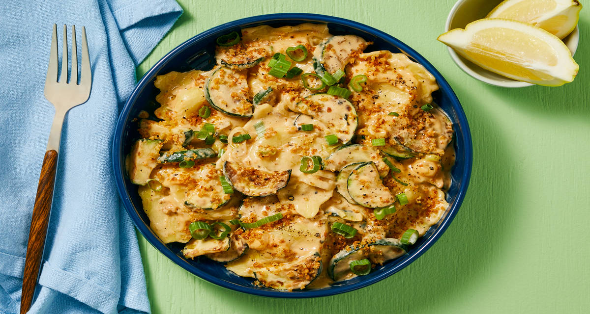 Ravioli & Chicken in Garlic Cream Sauce with Zucchini & Toasted Buttery Panko