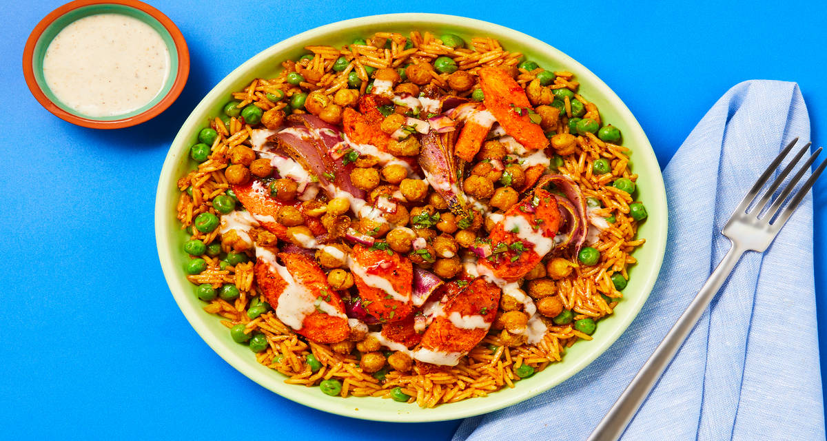 Vegan Curried Roasted Chickpea Bowls with Carrots, Spiced Basmati & Cilantro Chutney