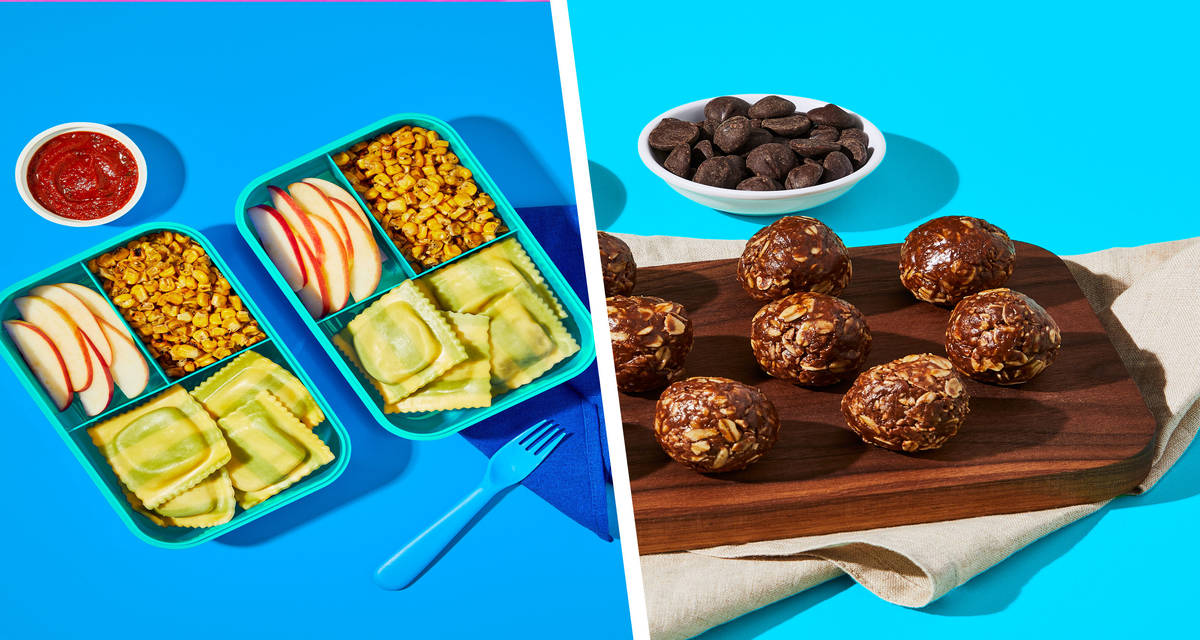 Kids’ Cheesy Ravioli & Sweet Corn + Snack: Chocolate Peanut Butter Oat Bites