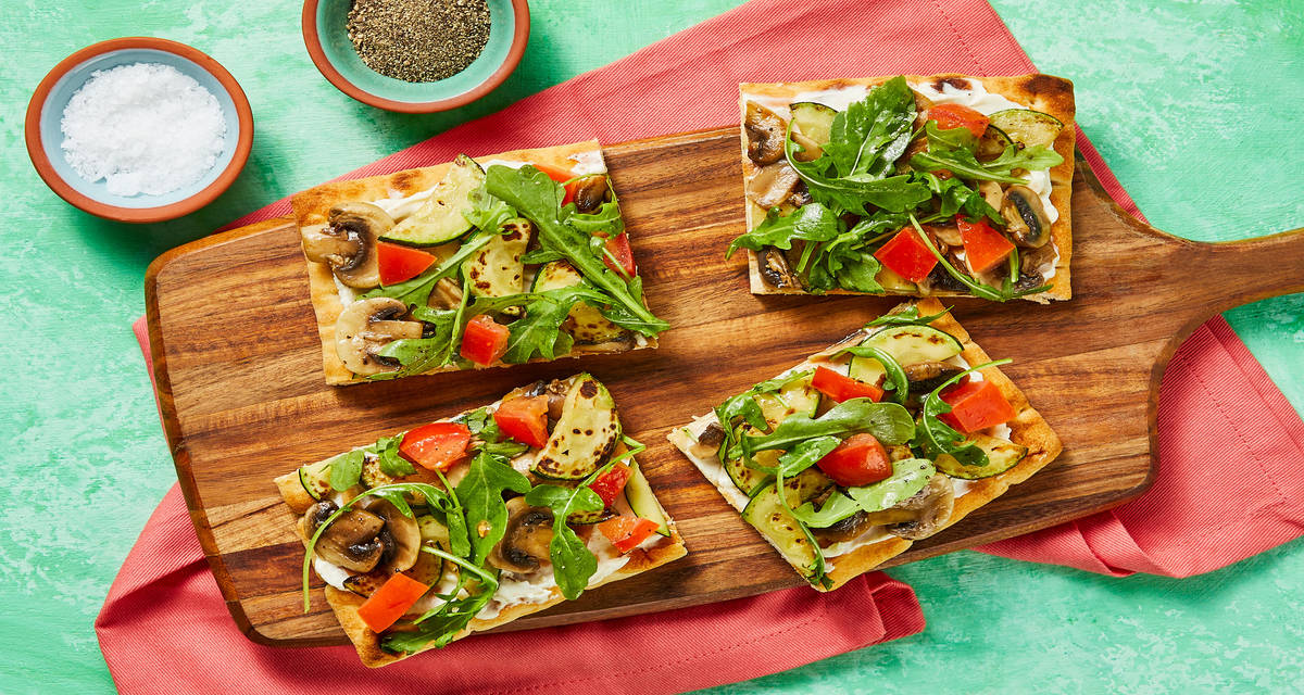 Chicken, Mushroom & Onion Flatbreads  with Zucchini, Arugula Salad & Tomato