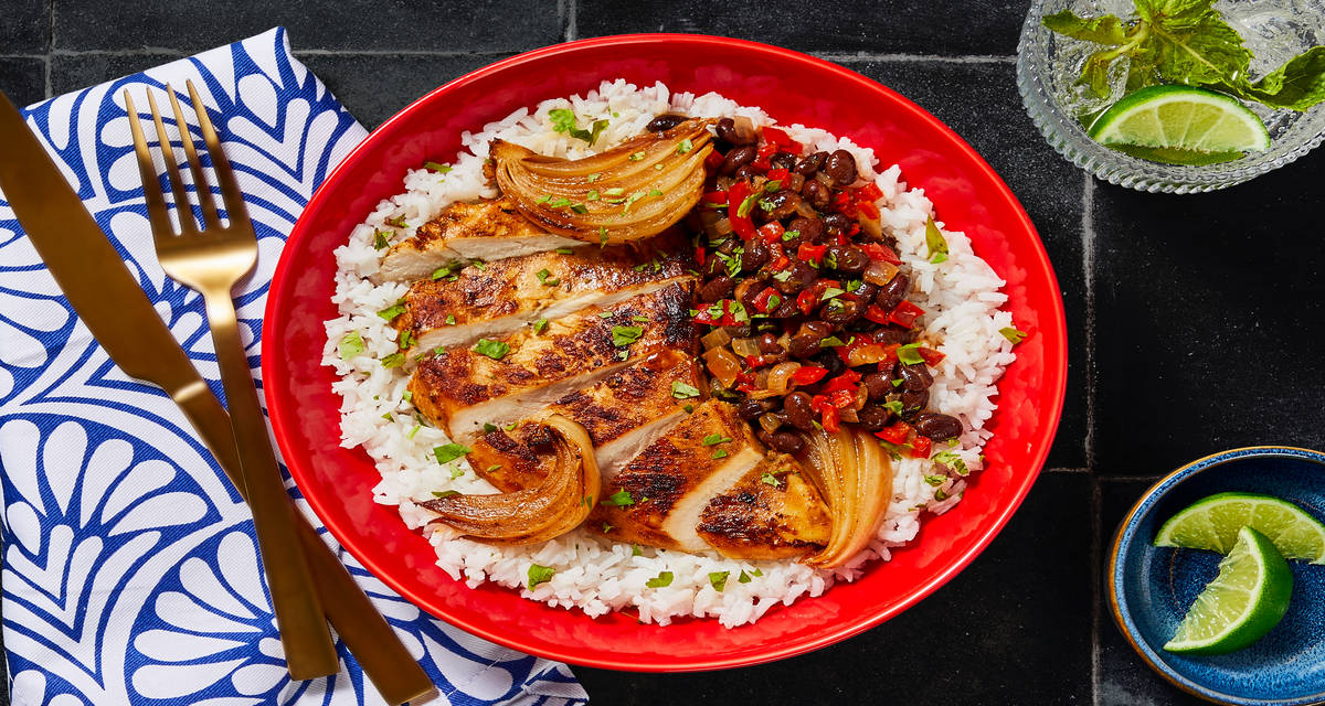 Cuban-Style Pollo a la Plancha Chicken with White Rice, Black Beans & Cilantro