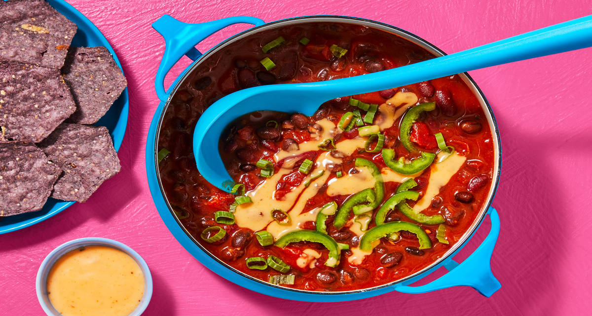 One-Pot Vegan Red & Black Bean Chili with Vegan Spicy Crema & Tortilla Chips
